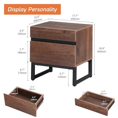 WAMPAT Modern End Table with 2 Drawers, Farmhouse Sofa Table with Black Square Iron Leg, Wood Rustic Side Table for Living Room, Nightstand for Bedroom, Brown, 17.7''L x 15.5''W x 19.8''H - color: Brown