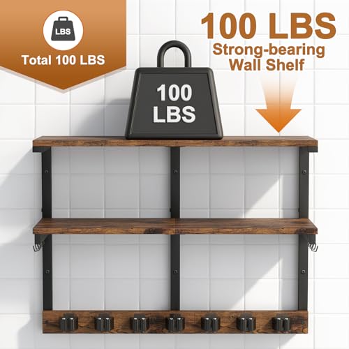 Housolution Wall Mount Broom Holder Laundry Room Storage Organizer Shelves | 2 Tier Large Capacity, Thickened Metal Frame, 100 LBS High Load-Bearing, Multifunctional with 7 Grippers & 8 Hooks - size: 7 Grippers with 2 Tier Shelf