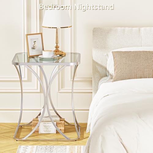 19.68" Square End Table with Tempered Glass Top, Stylish X-Shaped Metal Frame, Living Room Coffee Table, Sofa Side Table, Accent Tables for Small Spaces, Modern Bedside Table (Silver) - color: Silver, style: Style 2