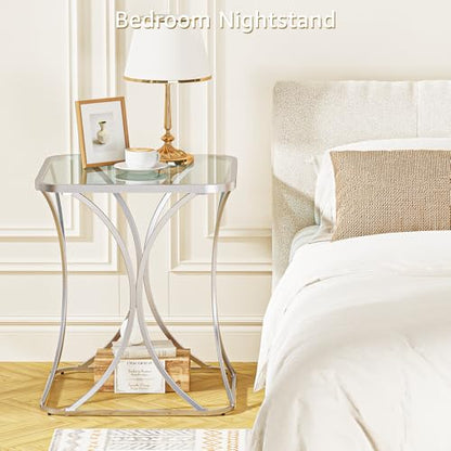 19.68" Square End Table with Tempered Glass Top, Stylish X-Shaped Metal Frame, Living Room Coffee Table, Sofa Side Table, Accent Tables for Small Spaces, Modern Bedside Table (Silver) - color: Silver, style: Style 2