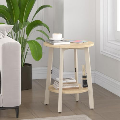 sthmec Side Table, Small Round End Table with Storage Shelf for Small Space, 2-Tier Bedside Table Sofa Couch Table, Round Accent Table Nighstands for Living Room, Bedroom, Natural - color: Natural