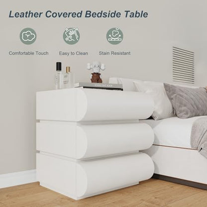 IKuinen Nightstand, Minimalist Bedside Table with 3 Solid Wood Drawer, Night Stands with Microfiber Leather, End Table for Bedroom-White - size: 3 Drawers