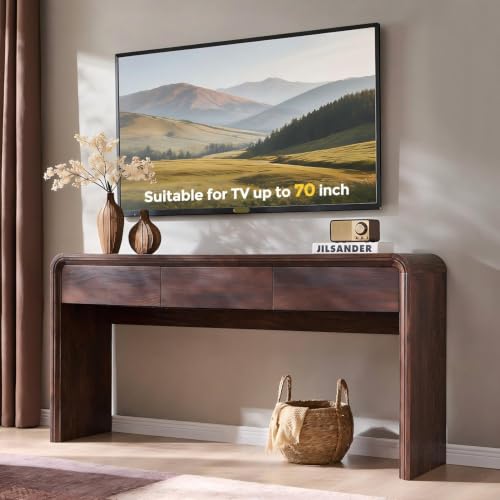 Aitjunz 63'' Console Table with 3 Drawers, Modern Entryway Table with Curved Profile Design, Narrow Long Wood Sofa Table Behind Couch Table for Living Room, Hallway, Foyer, Brown - color: Brown