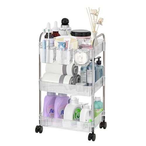 3 Tier Rolling Cart with Hanging Basket, Easy Assembly Acrylic Storage Carts with Lockable Wheels, Utility Cart Storage Organizer Serving for Office, Living Room, Kitchen, Bathroom - style: 3-Tier