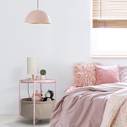 danpinera Pink Round Side Table with Fabric Storage Basket,Small Sofa Table | Metal Modern Nightstand for Small Space, Bedroom, Nursery, Accent Metal Table with Removable Serving Tray, 20.47 in Tall - color: Light Pink