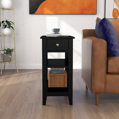 ChooChoo Side Table Living Room, Narrow End Table with Drawer and Shelf, 3-Tier Sofa End Table for Small Space, Black - color: Ink Black