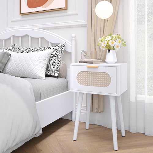 Nightstands Set of 2, Bedside Table with Rattan Door, Boho End Table with Solid Wood Legs for Bedroom, Living Room, Small Space Nightstands, White Color, HNS001W - color: White