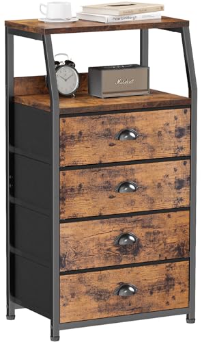Furnulem Night Stand, Tall 4 Drawers Dresser for Bedroom, Hallway, Nursery, Closet Organizer, Nightstand Bedside Table Furniture, Vertical Storage Tower Fabric, Sturdy Steel Frame, Wood Top - color: Rustic Brown, style: 4 Drawers