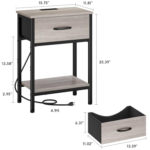 Vagusicc Nightstand with Charging Station, End Table with Fabric Drawer, Small Side Table with 2-Tier Storage Shelves, 25.4" Tall Night Stand, Bedside Table for Bedroom, Living Room, Dorm, Greige - color: Greige (1 Pack)