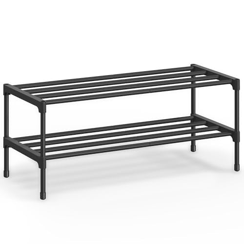 SONGMICS 2-Tier Shoe Rack for Closet, Compact Metal Shoe Organizer Shelf for Entryway, Bedroom, Small Spaces, Stackable, 11.8 x 24.5 x 12.2 Inches, Black ULSA122BH01 - size: 2 Tiers (24.5"W)