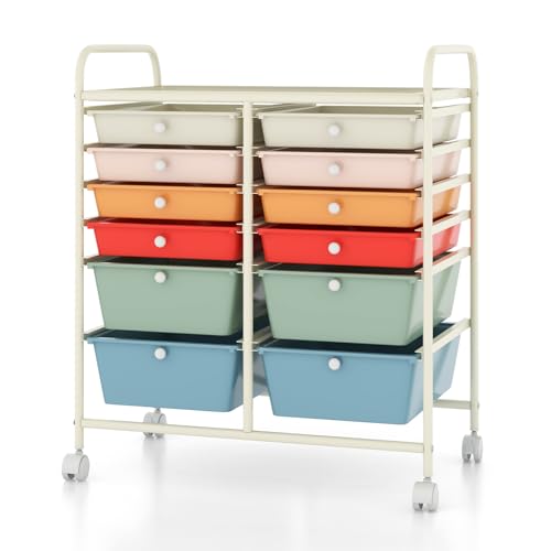 12 Drawer Rolling Cart with Drawers, Storage Cart with Lockable Wheel & Metal Frame, Multipurpose Mobile Trolley Utility Cart for Salon Makeup Kitchen Office Play Room (Macaron) - color: Macaron, size: 12 Drawers (4 Big +10 Small)