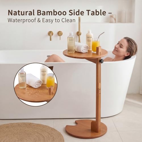Bamboo Side Table for Sofa - Adjustable Height C Shaped End Tables for Small Spaces, Couch, Bedside, Living Room, 12.6x12.6x26 Inch TV Tray Round Stand for Drink, Snack, Coffee (Walnut) - color: Walnut Brown