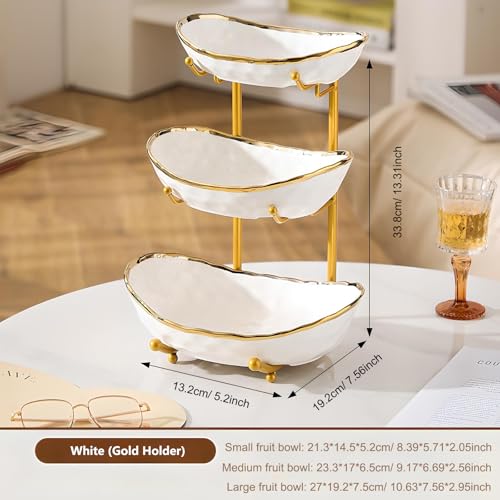 YYW 3 Tier Fruit Bowl for Kitchen Counter, White Gold Silver Ceramic Fruit Stand for Countertop, Home Fruit Rack with Metal Holder, Vegetable Snacks Nuts Bread Candy Storage (White (Gold Holder)) - color: White (Gold Holder)