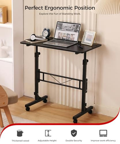 KLSMYHOKI Standing Desk Adjustable Height, Mobile Stand Up Desk with Wheels | Small Computer Desk Rolling Desk, Portable Laptop Desk Black Standing Table Home Office Desks 16"x31.5" Height 27"-43.5" - color: Black