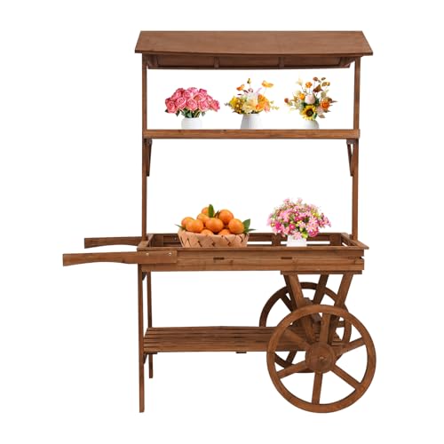 Flower Cart Display Stand with 2 Wheels, Wooden 3 Layers Rolling Table Cart, Heavy Duty Moving Display Rack for Home Decor, Coffee Station, Food Stand, Beverage Bar, Tea Stall (Brown)