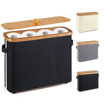 Bathroom Toilet Paper Storage Basket with Lid and Handle， Bamboo Collapsible Toilet Paper Holder Storage with Non-Slip Bottom ,Extra Toilet Roll Storage, Black