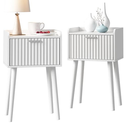 LAATOOREE Nightstand Set of 2, Small Bed Side Table with Fluted Door, End Table with Solid Wood Legs, Mid-Century Bedside Table for Bedroom Small Space - color: White, style: Fluted Style