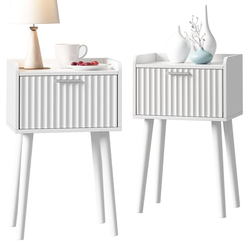 LAATOOREE Nightstand Set of 2, Small Bed Side Table with Fluted Door, End Table with Solid Wood Legs, Mid-Century Bedside Table for Bedroom Small Space - color: White, style: Fluted Style