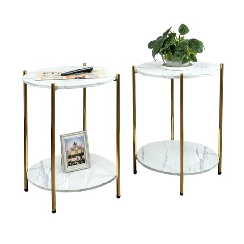 Small Round Side Table, 2-Tier Faux Marble and Gold End Table for Small Spaces,Set of 2 Modern Side Table for Couch, Living Room or Bedroom Nightstand (2 pcs Gold, Round) - color: 2 Pcs Gold
