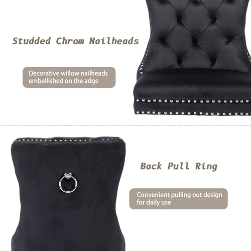 KCC Velvet Dining Chairs Set of 4, Upholstered High-end Tufted Dining Room Chair with Nailhead Back Ring Pull Trim Solid Wood Legs, Nikki Collection Modern Style for Kitchen, Black - color: Black, size: Set of 4