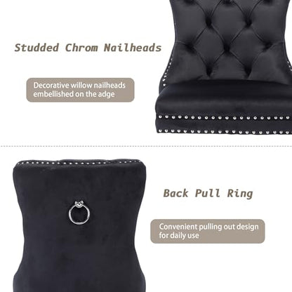 KCC Velvet Dining Chairs Set of 6, Upholstered High-end Tufted Dining Room Chair with Nailhead Back Ring Pull Trim Solid Wood Legs, Nikki Collection Modern Style for Kitchen, Black - color: Black, size: Set of 6