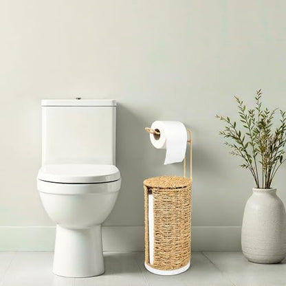 Freestanding Wicker Toilet Paper Holder with Lid, 3 Rolls of Toilet Tissue Storage, Rattan Handmade Woven Toilet Paper Roll Holder Stand, Decorative Boho Bathroom Farmhouse Toilet Paper Holder