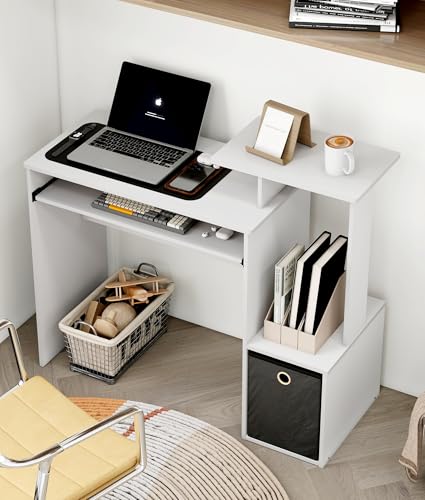 White Computer Desk with Drawers, Small Writing Desk with Storage Shelves for Home Office Bedroom Study Living Room - color: White/Black