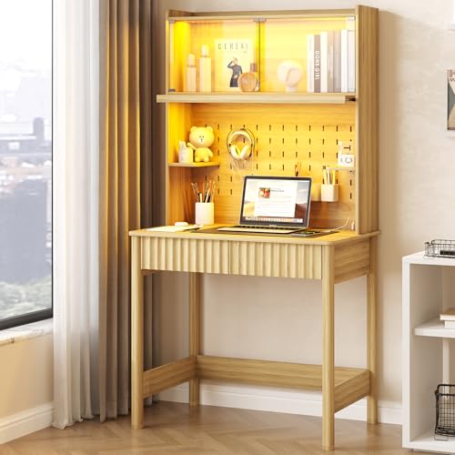 Lvifur 31.5" Small Study Desk with - Drawer & Hutch,Computer Desk with Charging Station,Compact Writing Desks with LED Reading Lights,Home Office Desks for Small Spaces,Bedroom Study Room,Natural - color: Natural