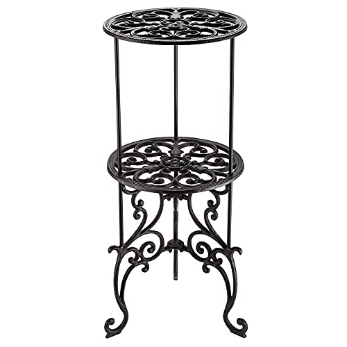 OwnMy Heavy Duty 2 Tiers Cast Iron Plant Stand, Vintage Iron Flower Pot Holder, 2 Layers Tall Decorative Potted Plants Stand Rack, Indoor Outdoor Large Plant Holder for Garden Patio, Retro-Brown
