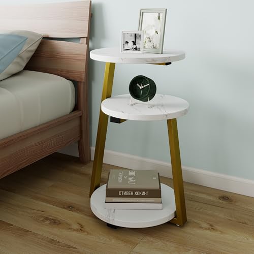 3-Tier Round End Table, Faux Marble Top Side Table with Sturdy Metal Legs, Modern Nightstand for Living Room, Bedroom, Small Spaces (Golden) - color: Golden