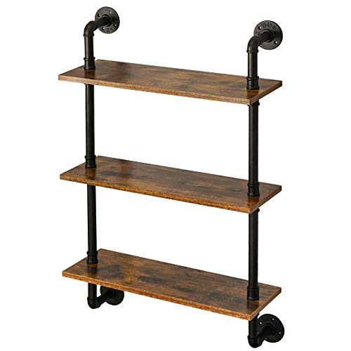 IBUYKE 3-Tiers Industrial Pipe Shelves, Pipe Floating Shelves RF-TM003 | Rustic Wall Mount Bookcase,Metal Bracket Storage Wall Shelf for Bedroom, Kitchen - size: 3 Tier