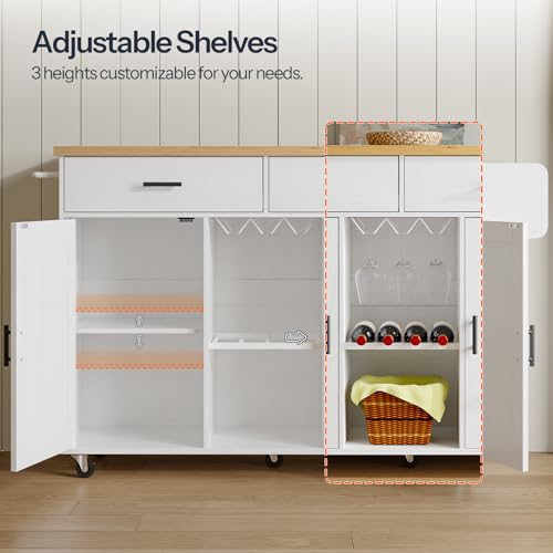HOOBRO Kitchen Island with Power Outlet, Rolling Kitchen Island on Wheels, Island Table with Storage Cabinet, 2 Drawers, Spice Rack and Towel Rack, White and Natural WN14UZD01