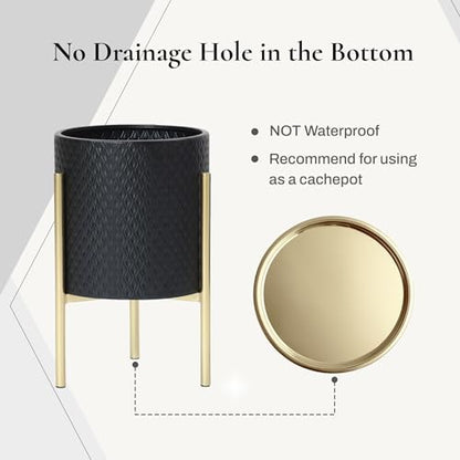 LuxenHome 2-Piece Diamond Pattern Round Metal Cachepot Planter Set, Black Planter with Gold Stands Set of 2 Indoor Plant Pots Large Floor Plant Pot for Plants, NOT Waterproof - color: Black