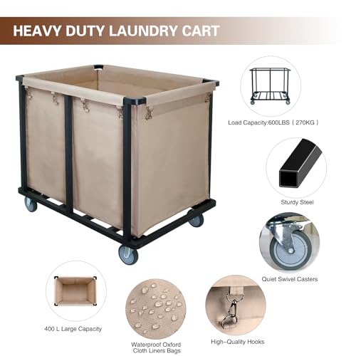 Commercial Laundry Cart with Wheels,400L Large Laundry Cart | 600 lbs Industrial Laundry Hamper,Steel Frame and Oxford Cloth Bag,Commercial Laundry Hamper for Home,Hotel,Housekeeping - color: Khaki