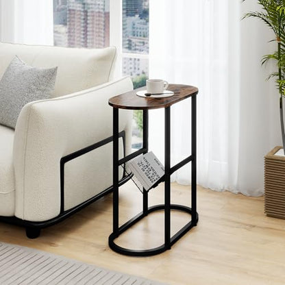 Tangkula Oval Narrow Side Table, 2-Tier End Table w/Mesh Magazine Rack, Steel Frame, Industrial Nightstand, Compact Sofa Bedside Table for Living Room Bedroom, Rustic Brown & Black - color: Rustic Brown & Black