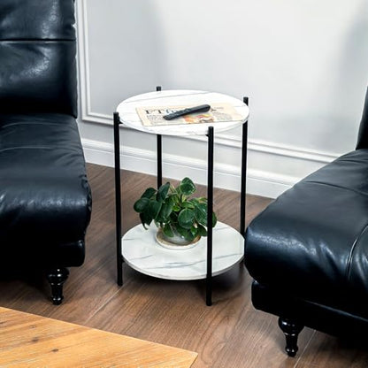Small Round Side Table Set of 2, Black End Table with Faux Marble Top, Modern Sofa Table for Small Spaces in Living Room, Couch, or Bedroom Nightstand (2 pcs Black, Round) - color: 2 Pcs Black