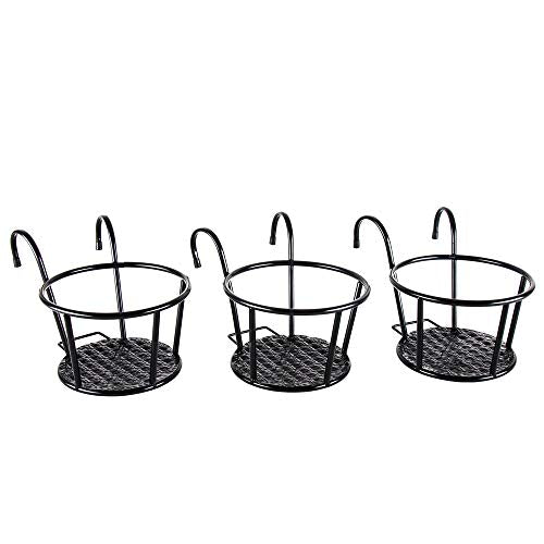 HowRU Iron Art Hanging Baskets Flower Pot Holder - Over the Rail Metal Fence Planters - Pack of 3 - Black