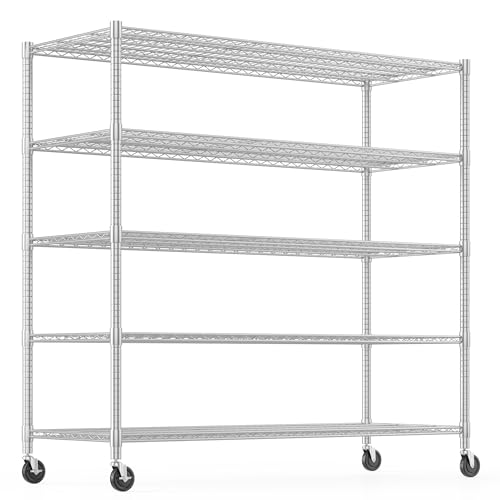 Himimi Storage Shelves with Wheels, 5-Tier Heavy Duty Steel Wire Rack Storage Shelving, Adjustable Metal Storage Shelves for Garage Kitchen Pantry Bathroom Laundry 18" D*60" W*82" H, Silver - color: Silver, size: 18"D×60"W×82"H, 5-Tier