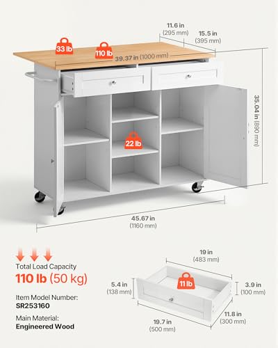 VEVOR Kitchen Island Cart with Storage, 45.67 in Wide Mobile Rolling Storage Island on Swivel Wheels, with 2 Drawers, Storage Cabinet, Drop Leaf, Towel Rack, Table for Home Dining Room, White - size: 45.67"W (dropleaf)