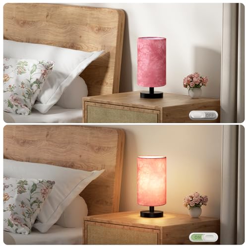 Fenmzee Small Table Lamp for Bedroom - Inline Control, Bedside Lamp with 3000K A15 LED Blub, Easy Assembly (Pink Shade - Black Base, 9" Inline Control) - color: Pink Shade - Black Base
