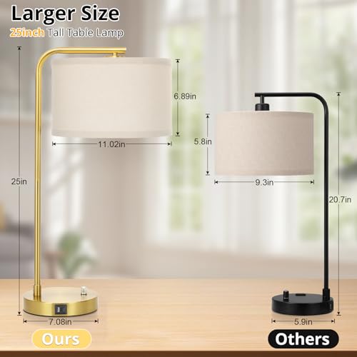 Fully Dimmable Bedside Lamp with C+A USB Ports, Mordern Gold Nightstand Lamp Desk Reading Lamp with Beige Drum Shade, Tall Side Table Lamp for Living Room Bedroom Office, 9W LED Bulb Included - color: Gold