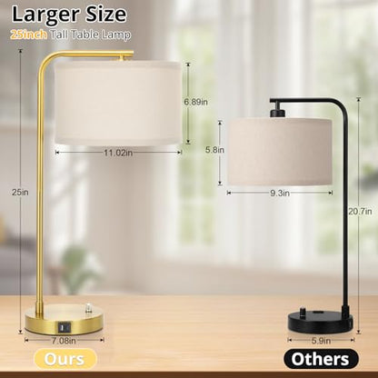Fully Dimmable Bedside Lamp with C+A USB Ports, Mordern Gold Nightstand Lamp Desk Reading Lamp with Beige Drum Shade, Tall Side Table Lamp for Living Room Bedroom Office, 9W LED Bulb Included - color: Gold