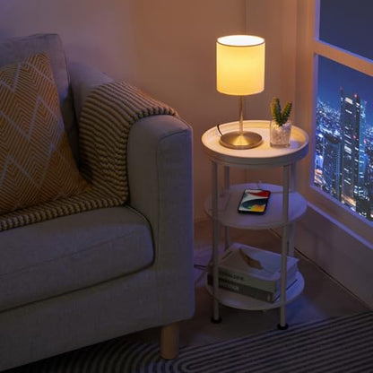 Small Round End Table with Charging Station, 3-Tier Accent Couch Beside Table with USB Ports & Power Outlets, Sofa Side Table for Living Room Small Nightstand Bedroom (USB Charger, White) - color: White, style: USB Charger