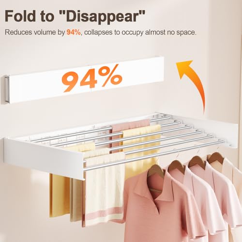 Wall Mounted Clothes Drying Rack Folding Indoor, Foldable Laundry Drying Rack Collapsible,Invisible, Space Saving, Retractable Towel Drying Rack, with Wall Template(6 Drying Rods, White 40") - color: White, size: White-40"