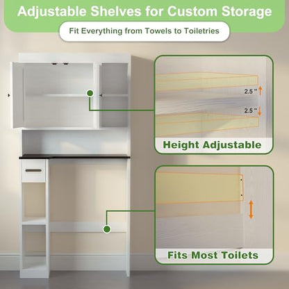 Over The Toilet Storage Cabinet with 7 Shelves, Imitation Walnut Grain Above Toilet Bathroom Organizer with Toilet Paper Holder Stand, Space Saver for Restroom, Laundry, Bathroom (White) - color: White