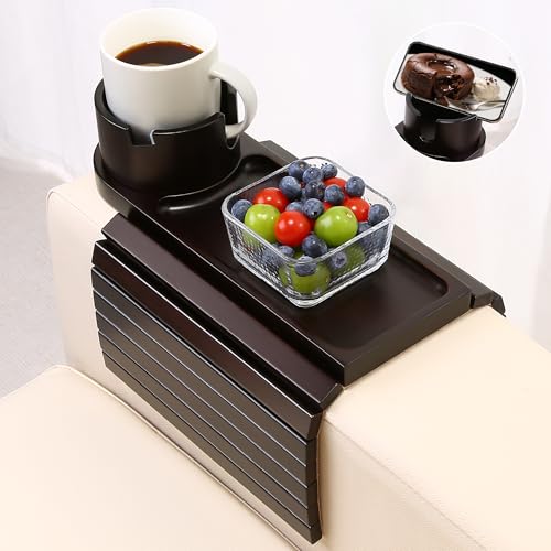 Couch Cup Holder,Bamboo Couch Arm Tray with 360° Rotating Cup Holder,Foldable Anti-Slip Sofa Arm Chair Tray for Eating Snack Drink Side Table - color: Walnut