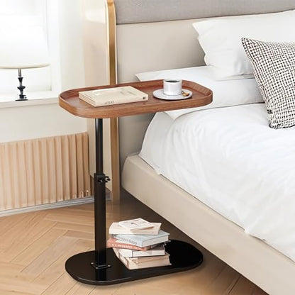 Adjustable Height C Shaped Side Table, Couch Tables That Slide Under, C Side Table Raised Edge, 360°Swivel C Shaped End Table, Small Coffee C Table, End Table for Sofa/Bed/Bathtub (Wood) - color: Wood