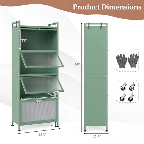 LDAILY 5-Tier Kitchen Storage Cabinet, Mobile Microwave Stand with Metal Frame, Double Anti-toppling Device, 4 Rolling Casters, Freestanding Bakers Rack for Kitchen, Dining Room, Living Room (Green) - color: Green
