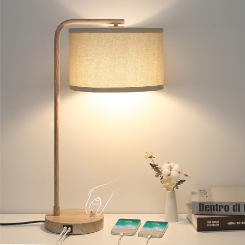 Farmhouse Table Lamp, Fully Dimmable Bedisde Nightstand Lamp with USB C+A Charging Ports, Modern Tall Table Lamp Desk Reading Lamp for Living Room, Bedroom, Office, 9W LED Bulb Included - color: Wood Grain