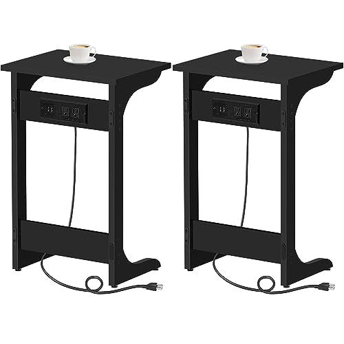 TUTOTAK C Shaped End Table with Charging Station, Set of 2, Couch Table, Tv Tray Table with 2 USB Ports and Outlets, Sofa Side Table for Small Spaces, Living Room, Bedroom TB01BK0442 - color: Black, size: 2 pcs, style: Ordinary